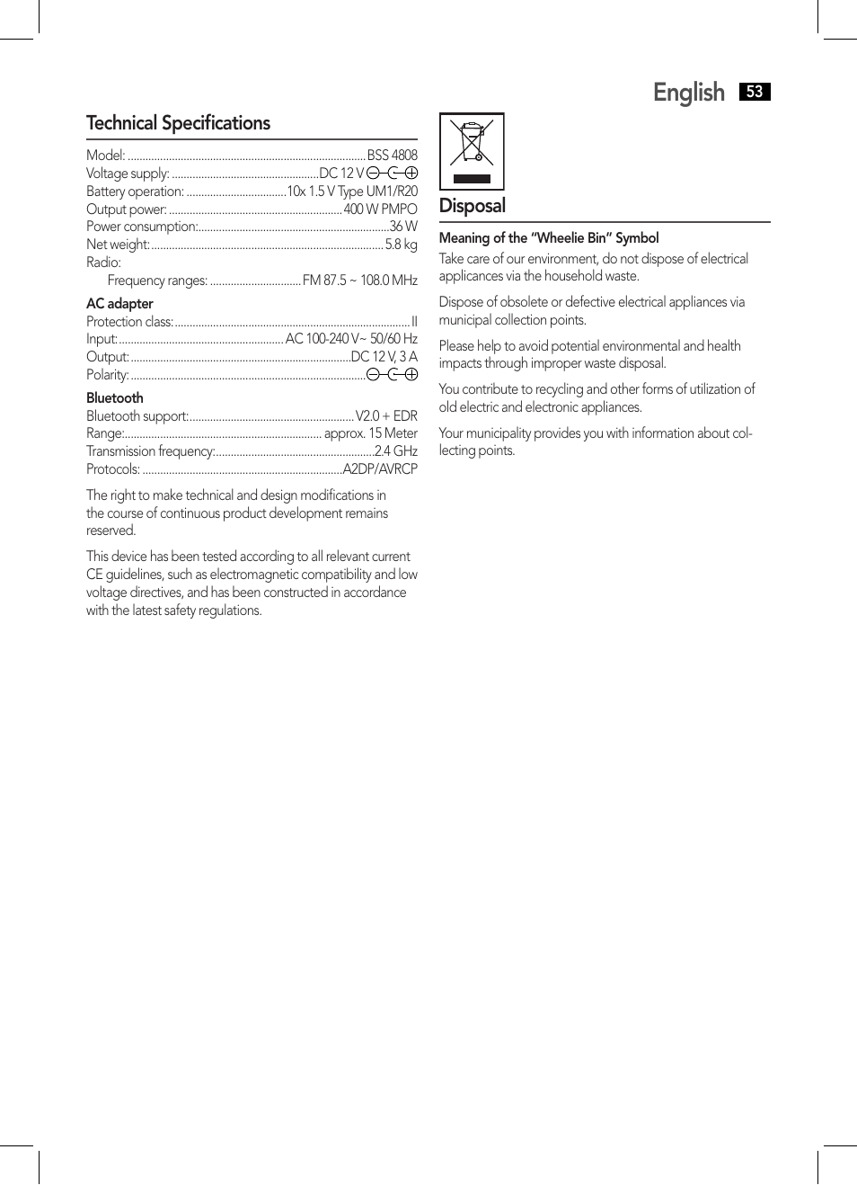 English, Technical specifications, Disposal | AEG BSS 4808 User Manual | Page 53 / 90