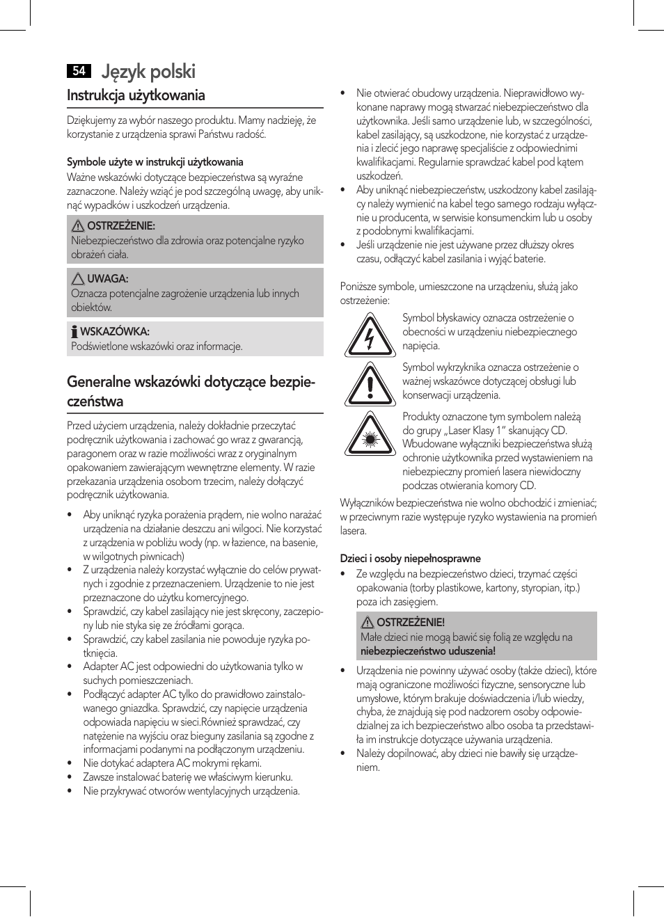Język polski, Instrukcja użytkowania, Generalne wskazówki dotyczące bezpie- czeństwa | AEG BSS 4808 User Manual | Page 54 / 90