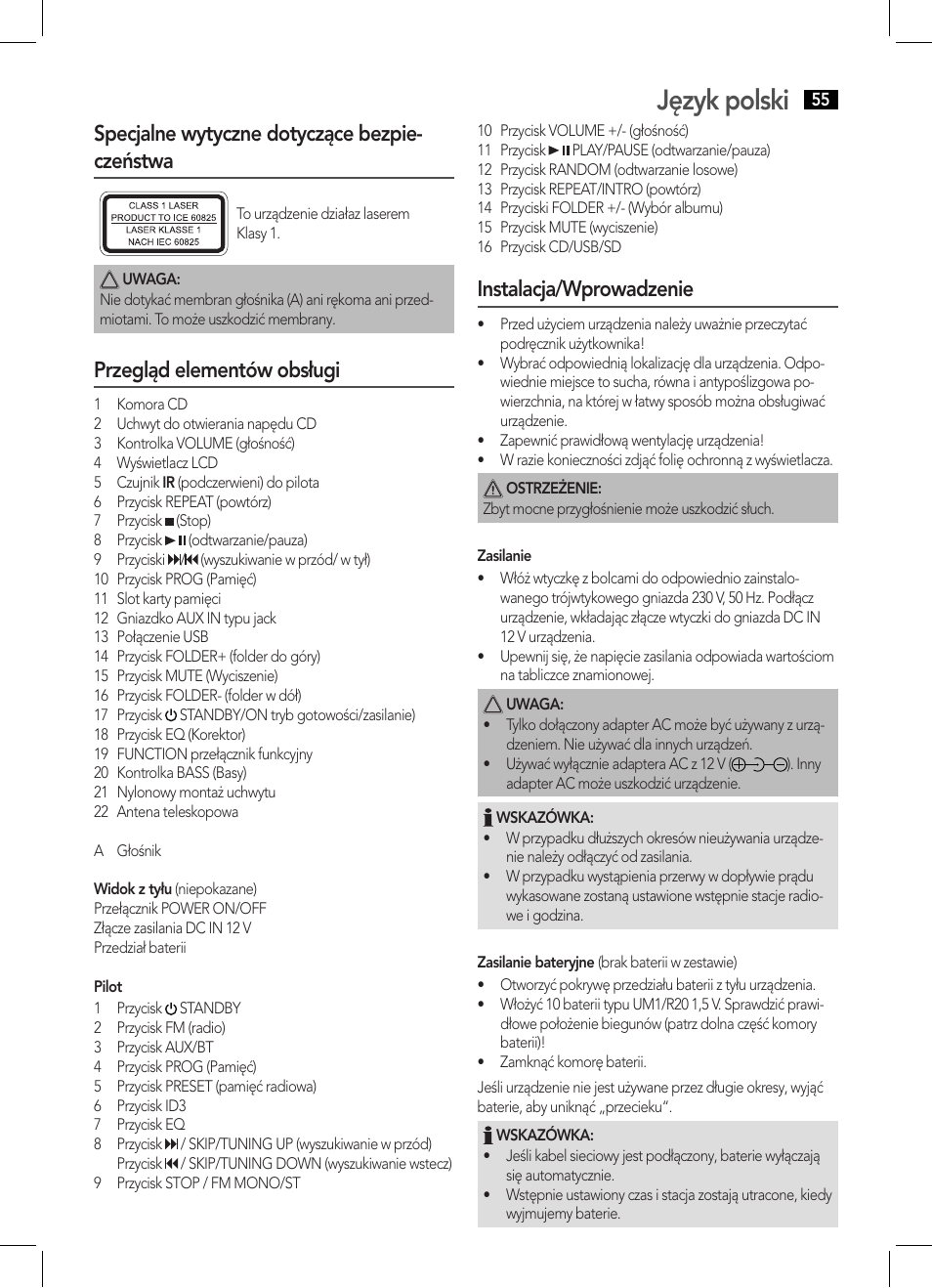 Język polski, Specjalne wytyczne dotyczące bezpie- czeństwa, Przegląd elementów obsługi | Instalacja/wprowadzenie | AEG BSS 4808 User Manual | Page 55 / 90