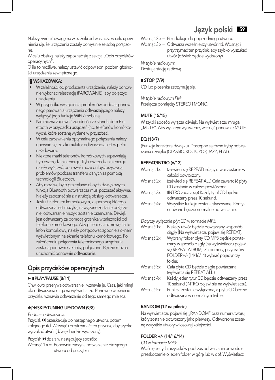 Język polski, Opis przycisków operacyjnych | AEG BSS 4808 User Manual | Page 59 / 90