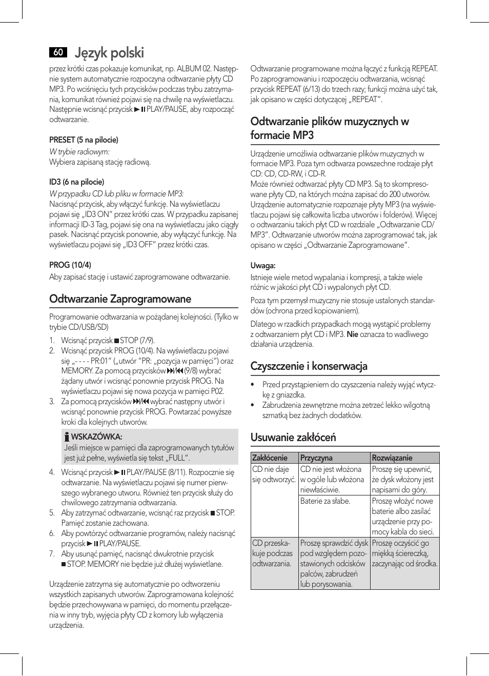 Język polski, Odtwarzanie zaprogramowane, Odtwarzanie plików muzycznych w formacie mp3 | Czyszczenie i konserwacja, Usuwanie zakłóceń | AEG BSS 4808 User Manual | Page 60 / 90