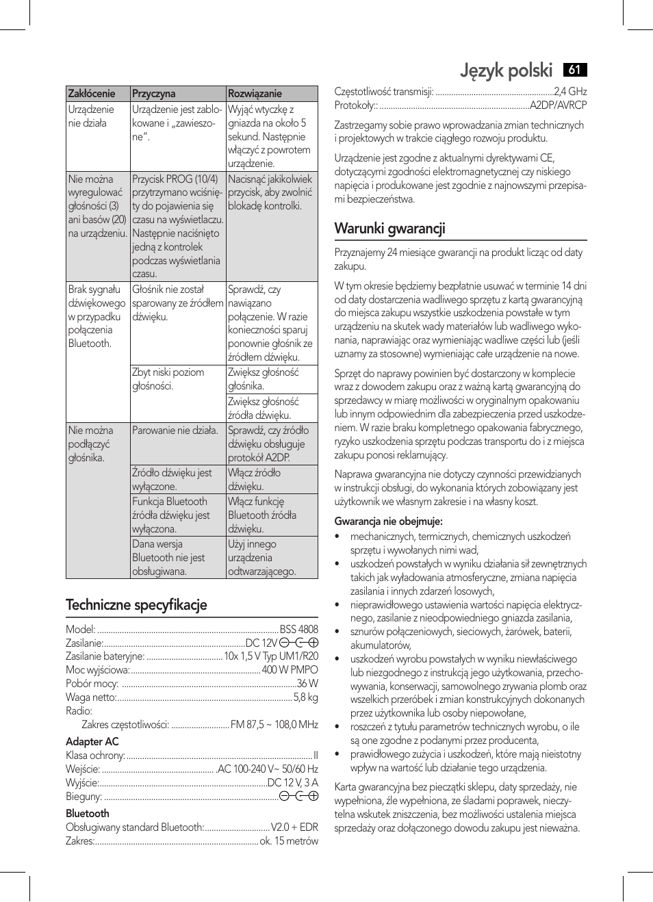 Język polski, Techniczne specyfikacje, Warunki gwarancji | AEG BSS 4808 User Manual | Page 61 / 90