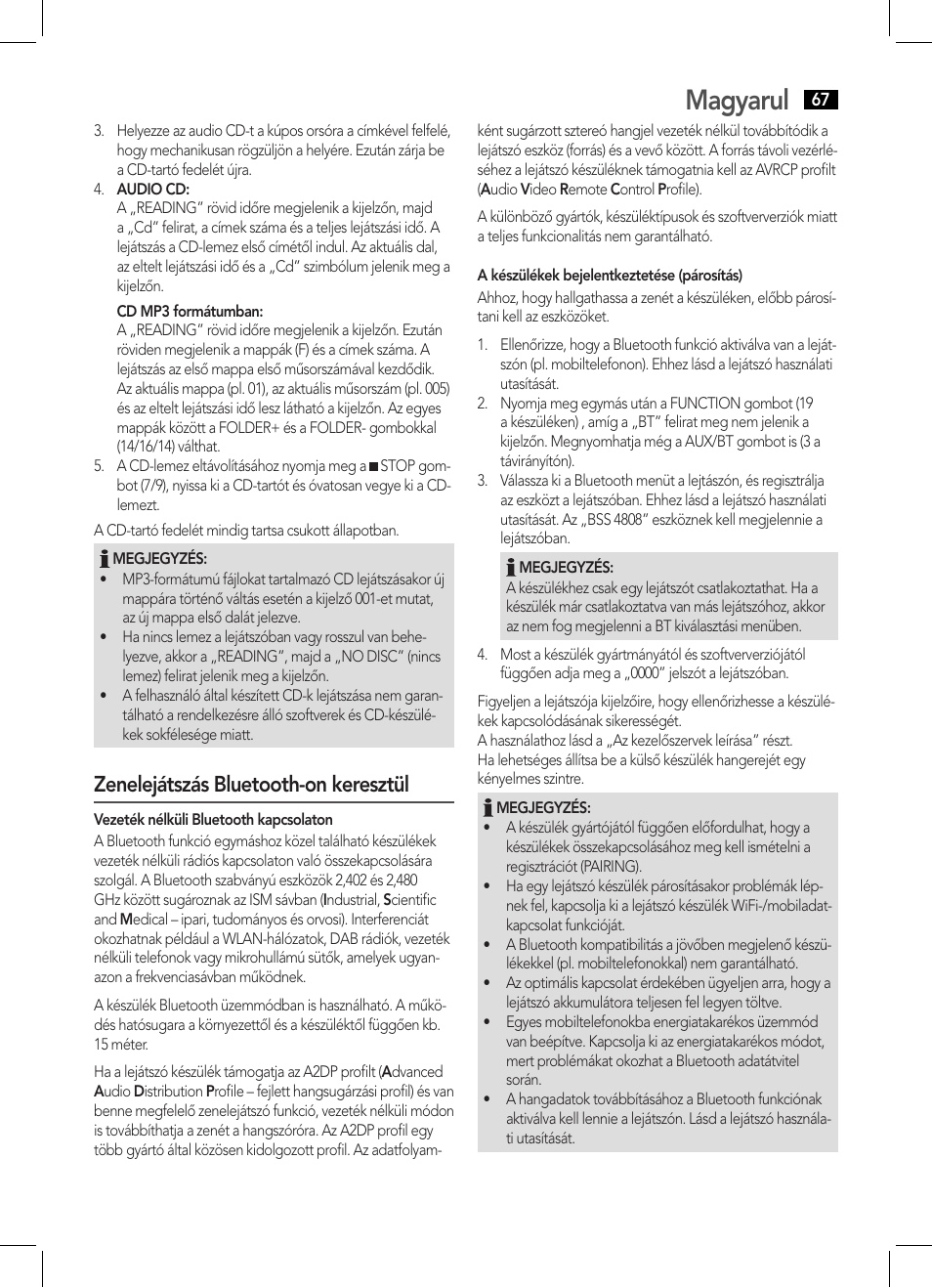 Magyarul, Zenelejátszás bluetooth-on keresztül | AEG BSS 4808 User Manual | Page 67 / 90