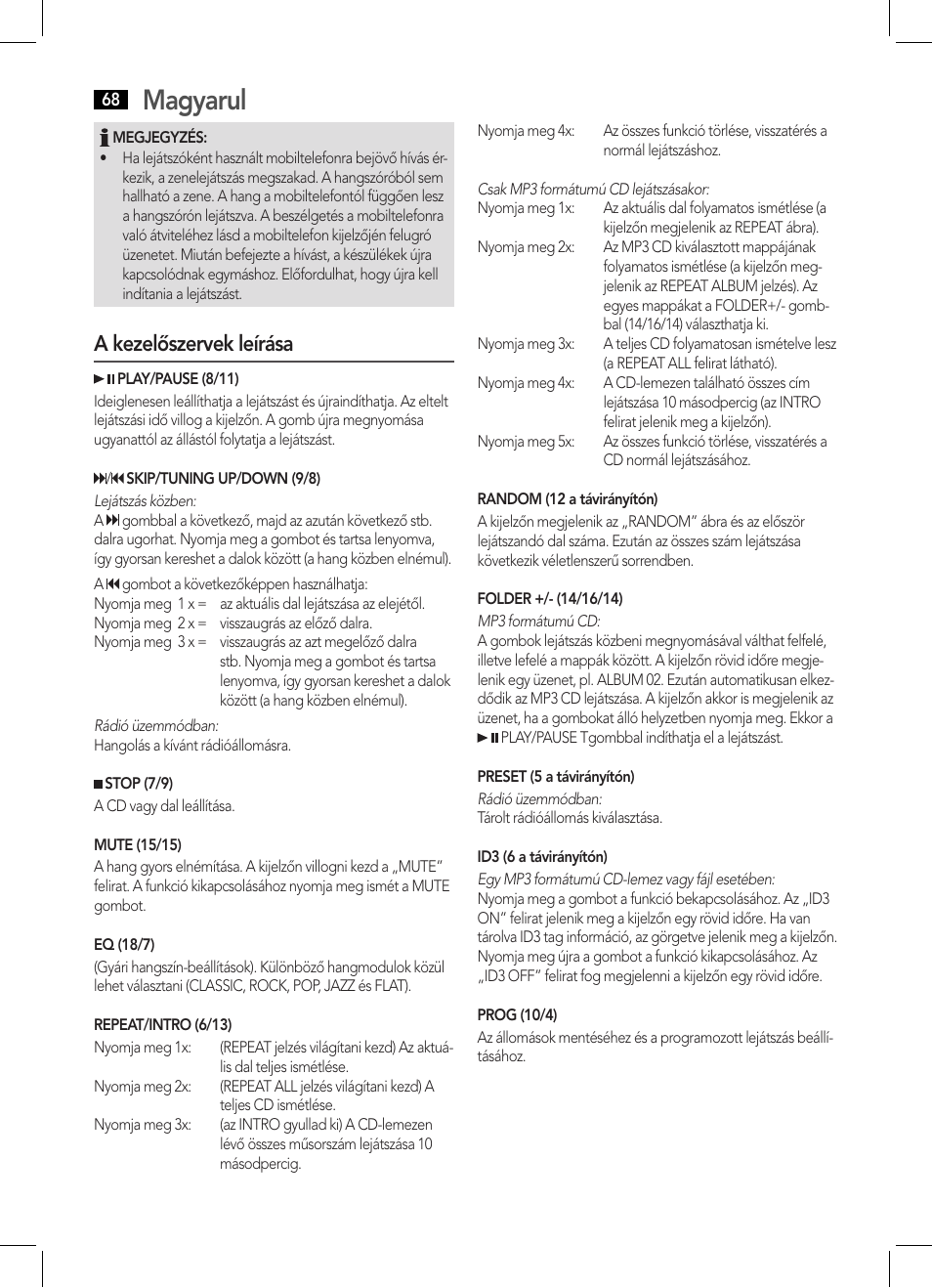 Magyarul, A kezelőszervek leírása | AEG BSS 4808 User Manual | Page 68 / 90