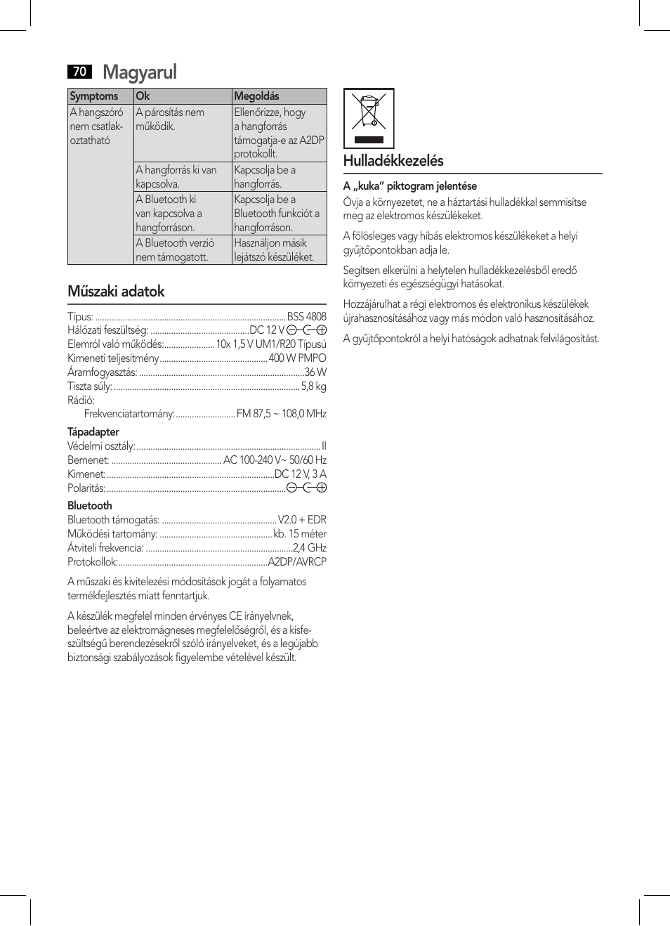 Magyarul, Műszaki adatok, Hulladékkezelés | AEG BSS 4808 User Manual | Page 70 / 90