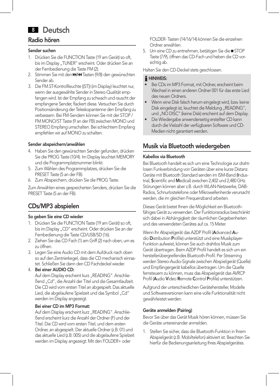 Deutsch, Radio hören, Cds/mp3 abspielen | Musik via bluetooth wiedergeben | AEG BSS 4808 User Manual | Page 8 / 90