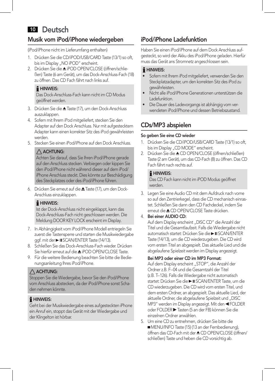 Deutsch, Musik vom ipod/iphone wiedergeben, Ipod/iphone ladefunktion | Cds/mp3 abspielen | AEG MC 4456 iP User Manual | Page 10 / 62