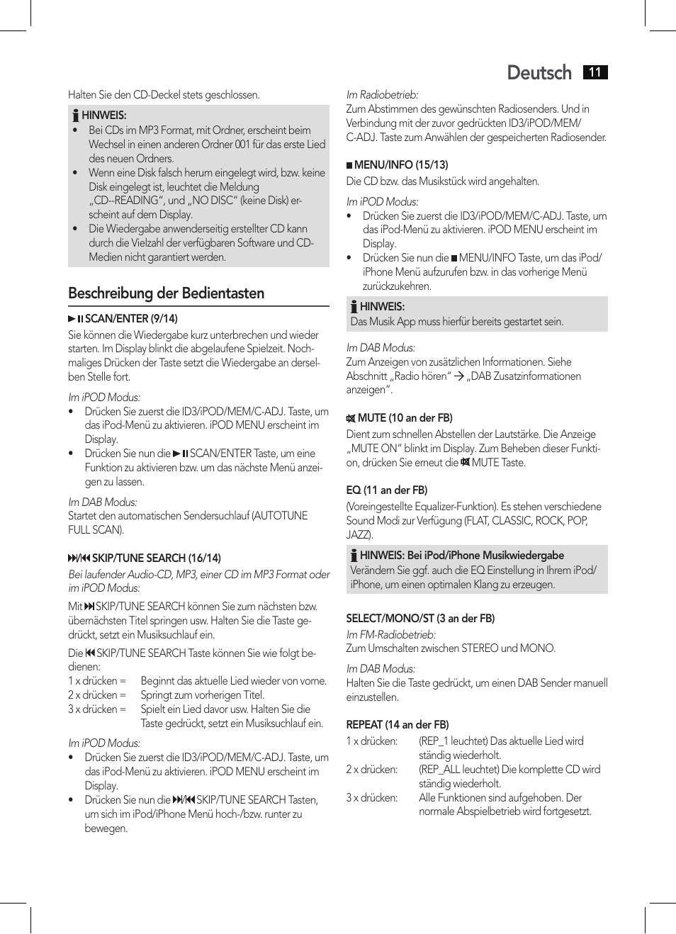 Deutsch, Beschreibung der bedientasten | AEG MC 4456 iP User Manual | Page 11 / 62