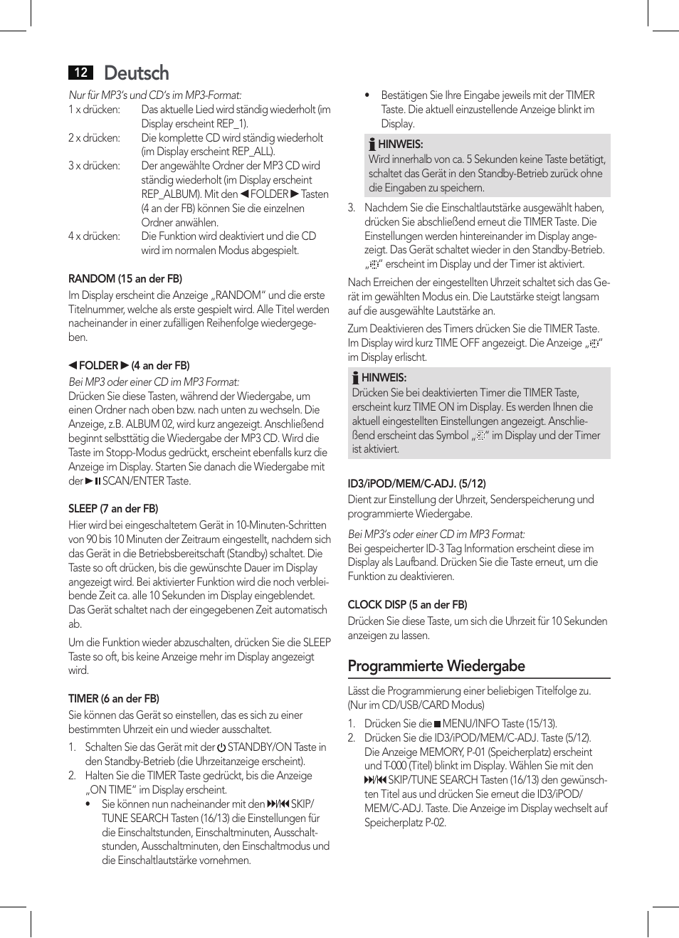 Deutsch, Programmierte wiedergabe | AEG MC 4456 iP User Manual | Page 12 / 62