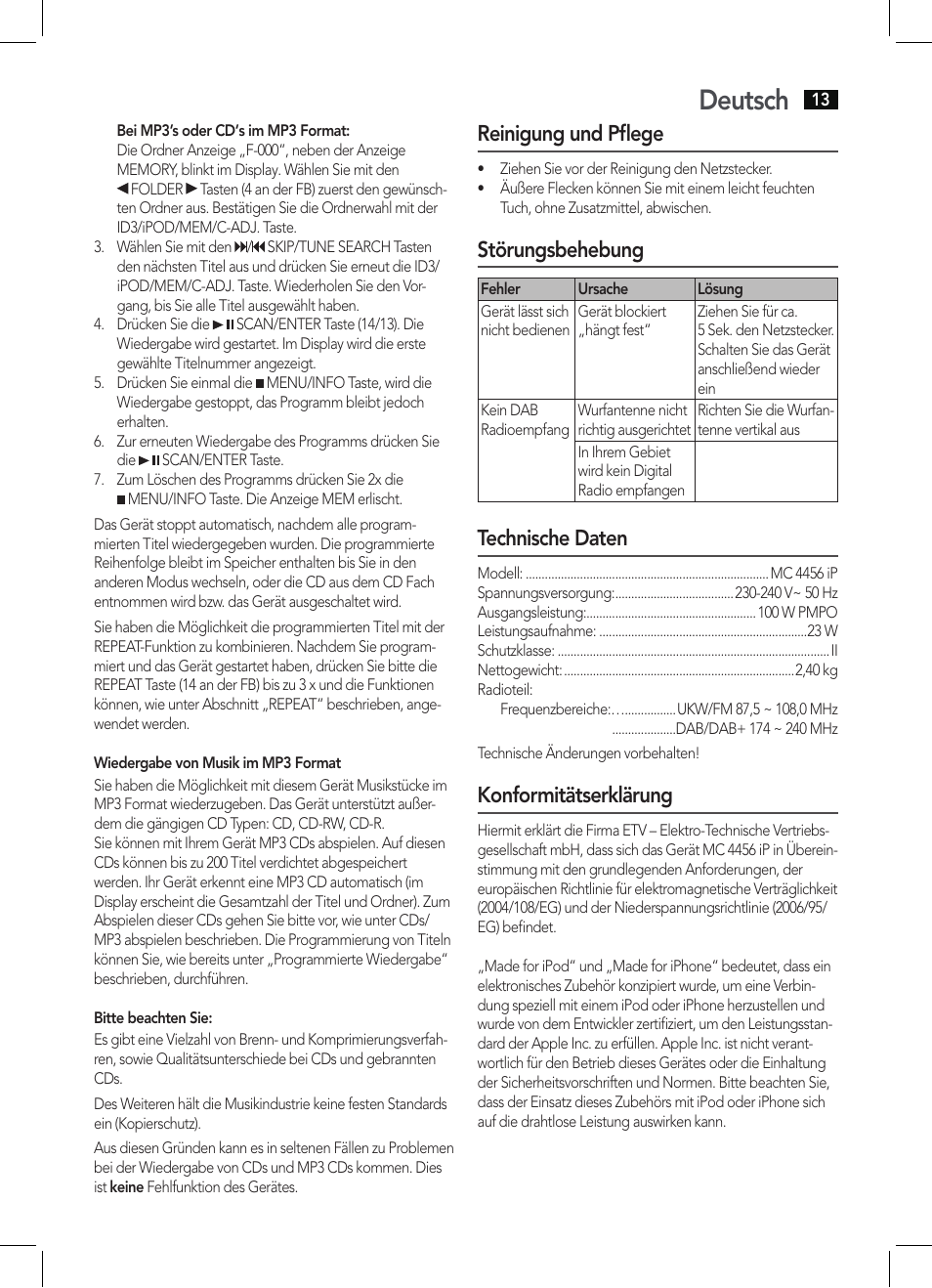 Deutsch, Reinigung und pflege, Störungsbehebung | Technische daten, Konformitätserklärung | AEG MC 4456 iP User Manual | Page 13 / 62
