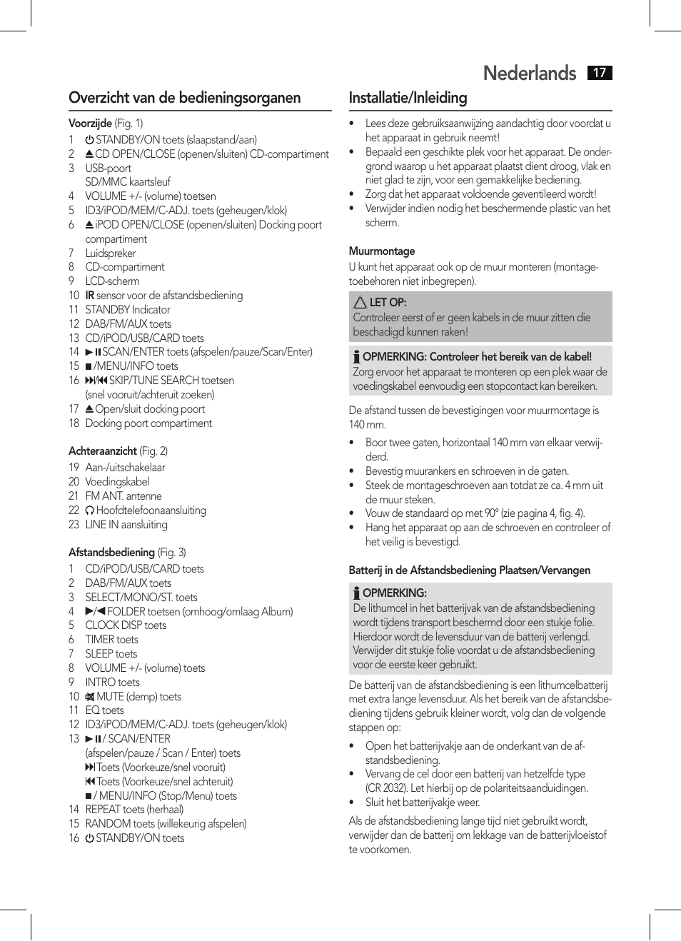 Nederlands, Overzicht van de bedieningsorganen, Installatie/inleiding | AEG MC 4456 iP User Manual | Page 17 / 62