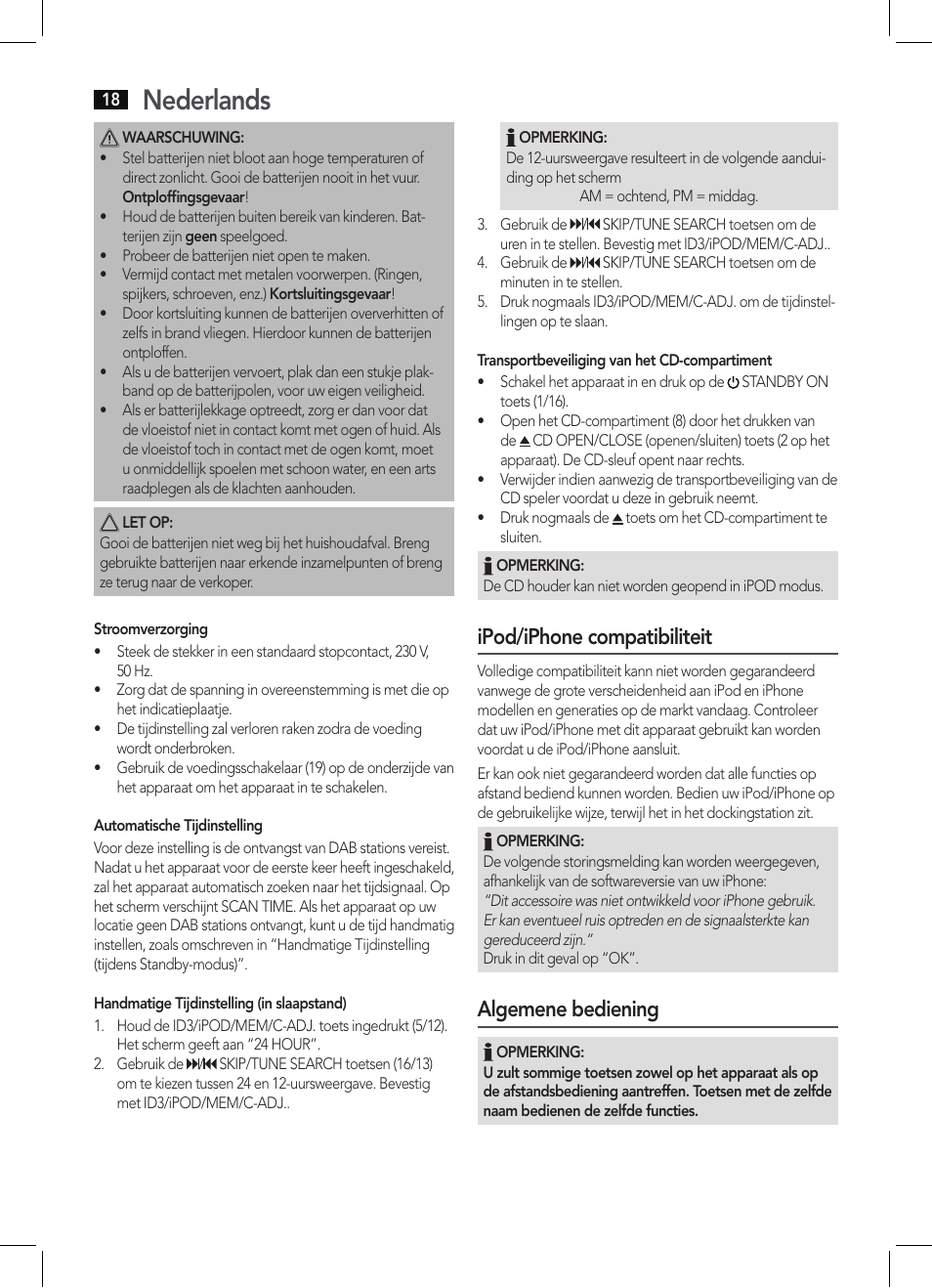 Nederlands, Ipod/iphone compatibiliteit, Algemene bediening | AEG MC 4456 iP User Manual | Page 18 / 62