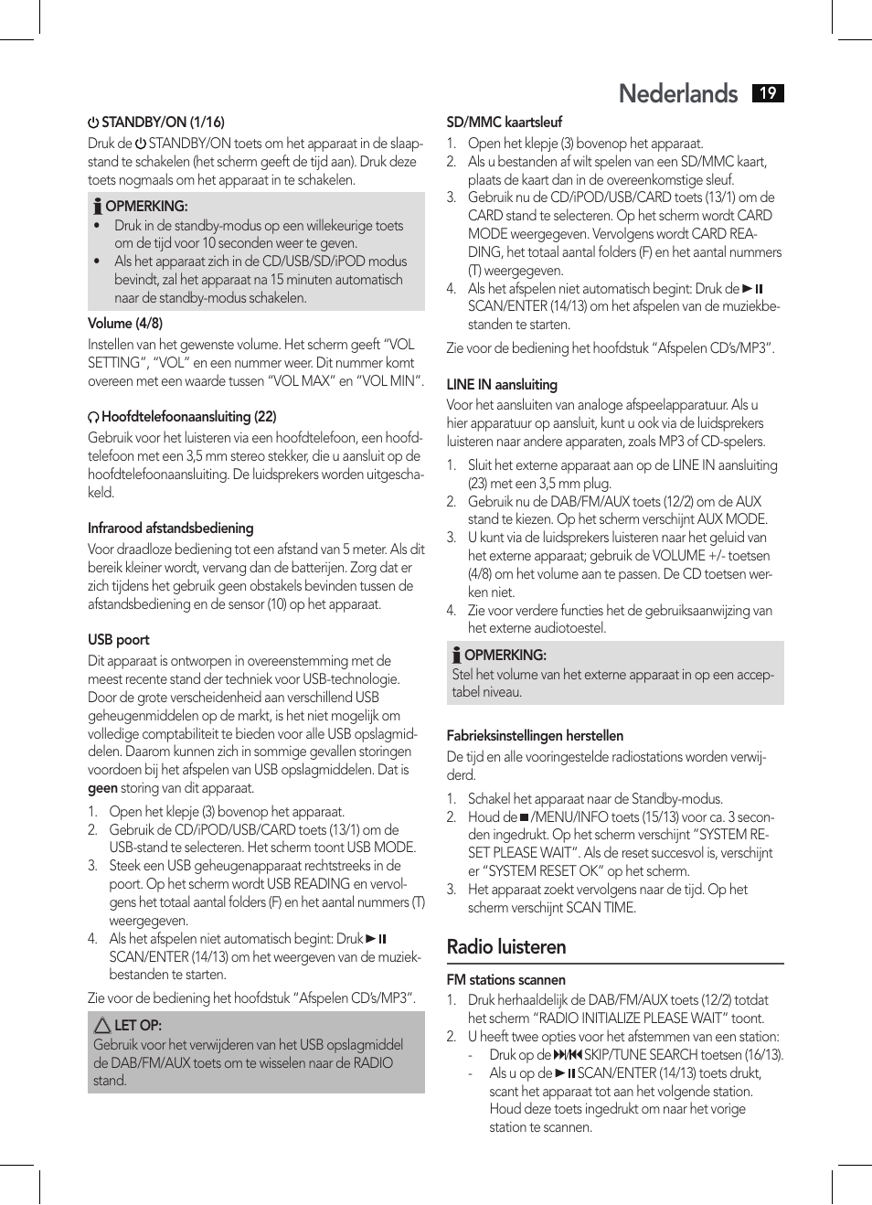 Nederlands, Radio luisteren | AEG MC 4456 iP User Manual | Page 19 / 62