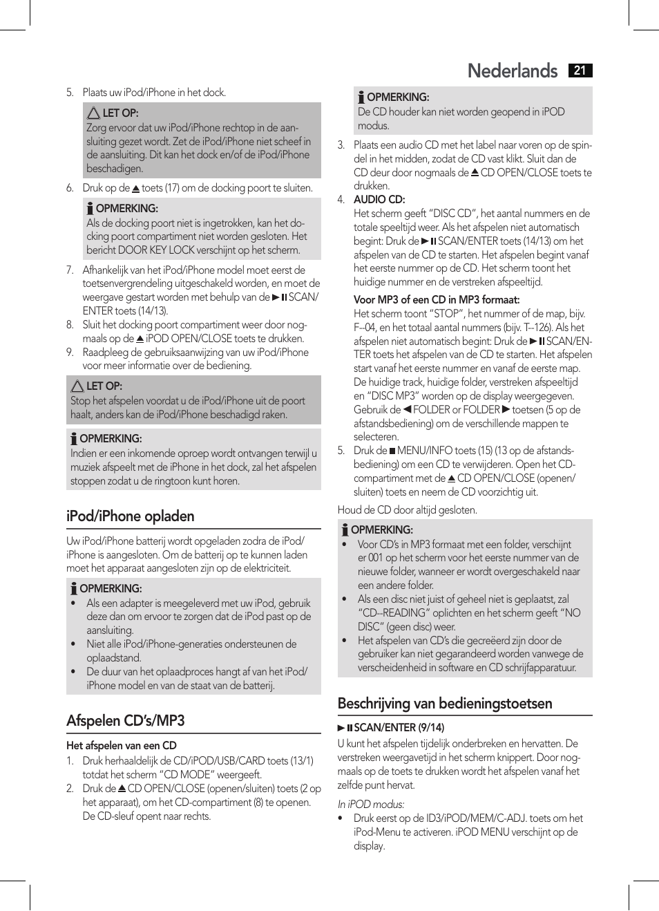 Nederlands, Ipod/iphone opladen, Afspelen cd’s/mp3 | Beschrijving van bedieningstoetsen | AEG MC 4456 iP User Manual | Page 21 / 62