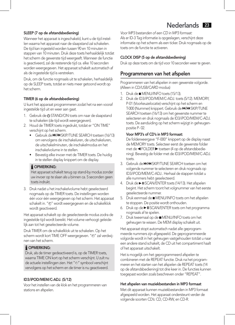 Nederlands, Programmeren van het afspelen | AEG MC 4456 iP User Manual | Page 23 / 62