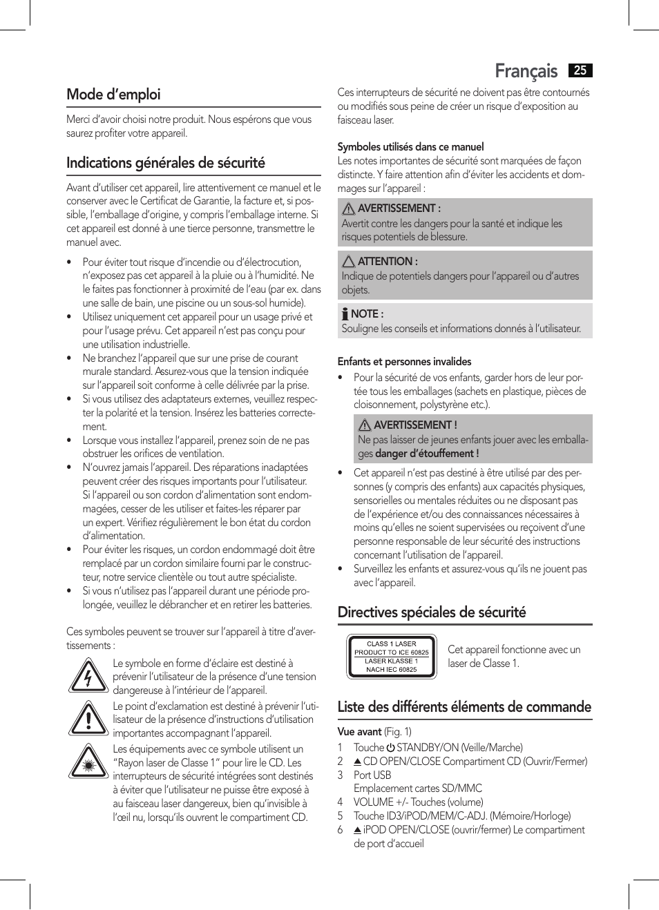 Français, Mode d’emploi, Indications générales de sécurité | Directives spéciales de sécurité, Liste des différents éléments de commande | AEG MC 4456 iP User Manual | Page 25 / 62