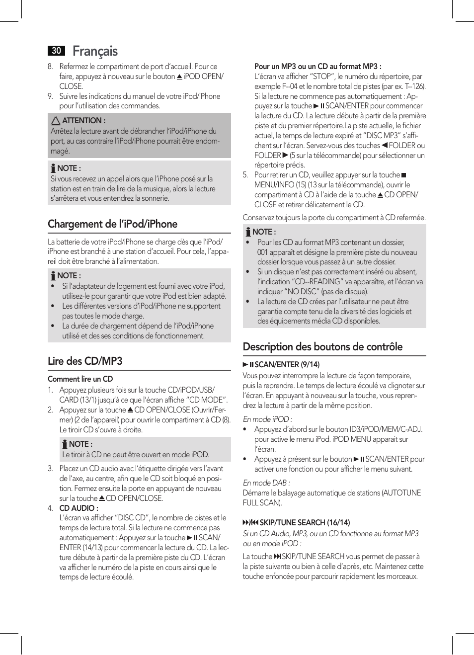 Français, Chargement de l’ipod/iphone, Lire des cd/mp3 | Description des boutons de contrôle | AEG MC 4456 iP User Manual | Page 30 / 62