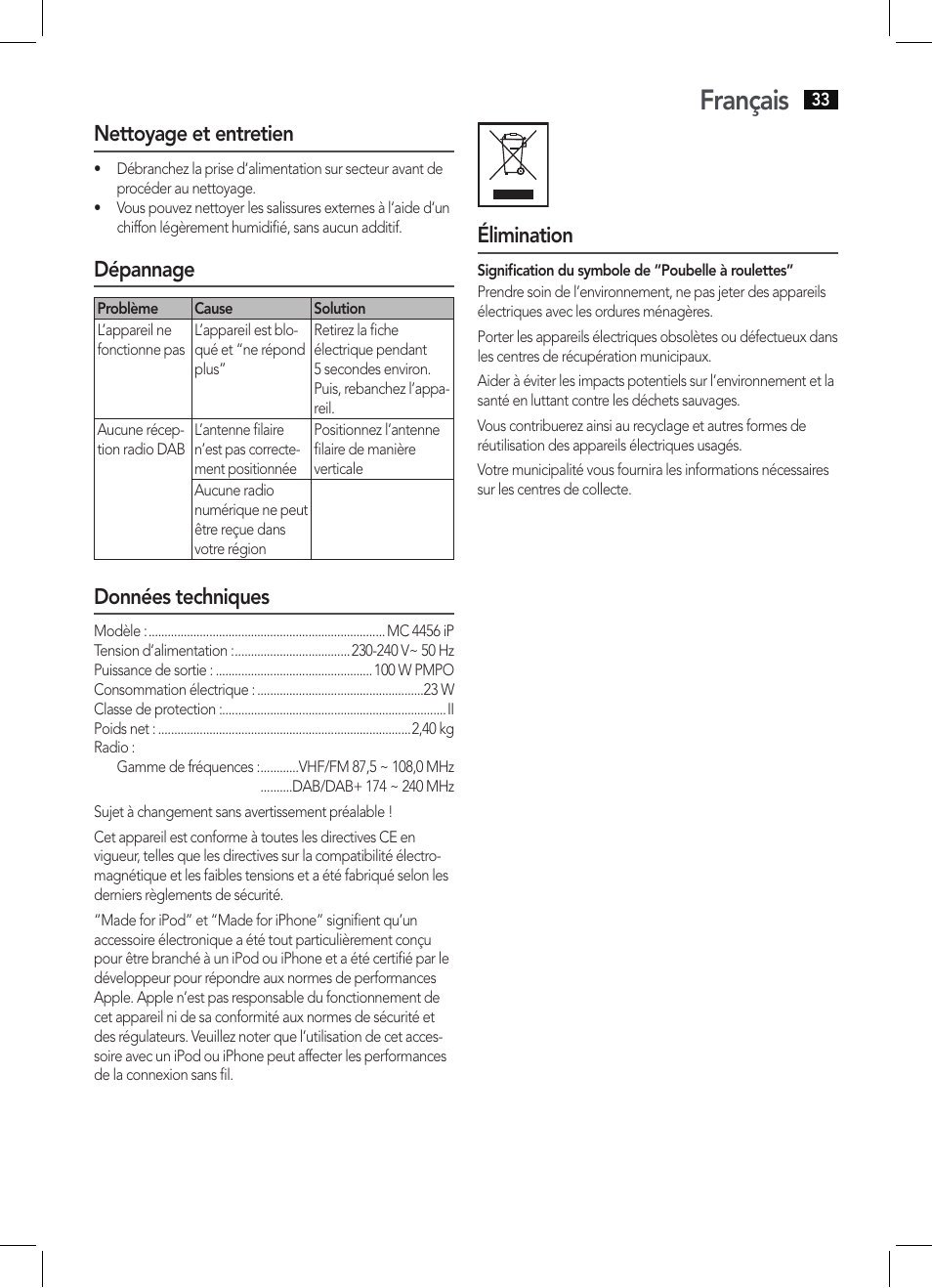 Français, Élimination, Nettoyage et entretien | Dépannage, Données techniques | AEG MC 4456 iP User Manual | Page 33 / 62