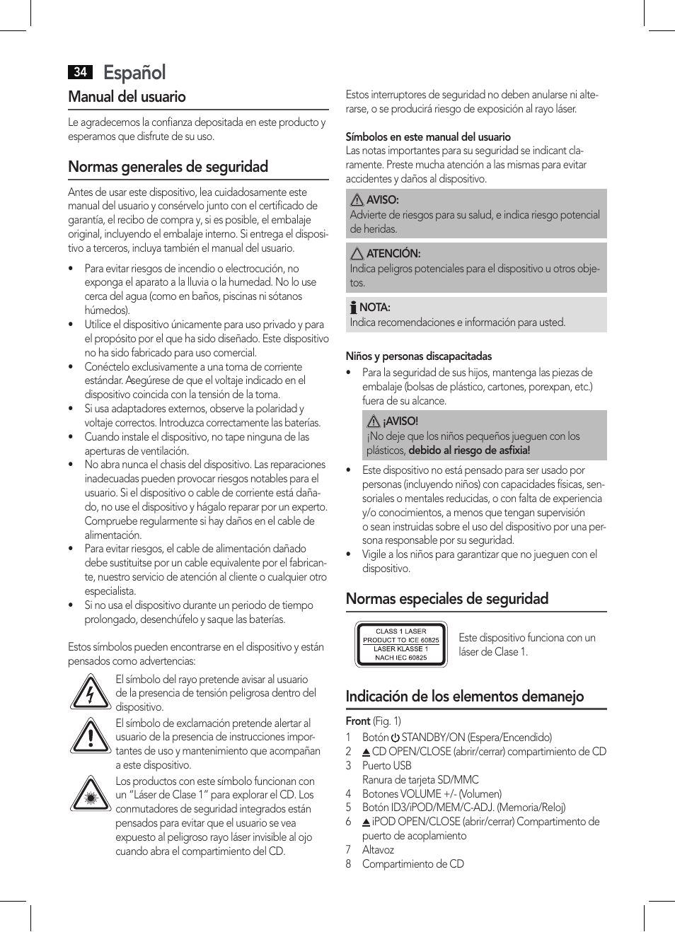 Español, Manual del usuario, Normas generales de seguridad | Normas especiales de seguridad, Indicación de los elementos demanejo | AEG MC 4456 iP User Manual | Page 34 / 62