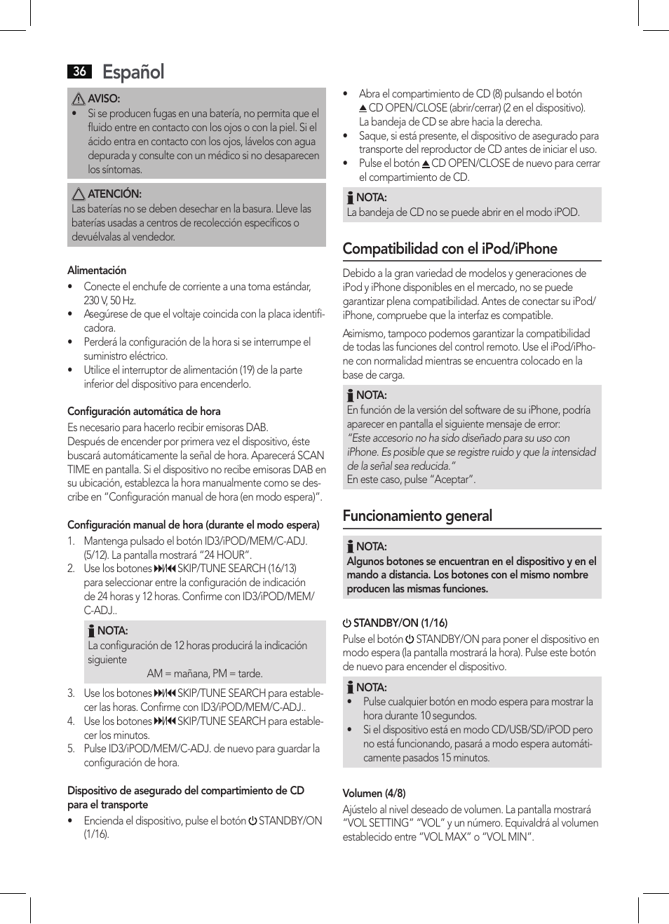 Español, Compatibilidad con el ipod/iphone, Funcionamiento general | AEG MC 4456 iP User Manual | Page 36 / 62