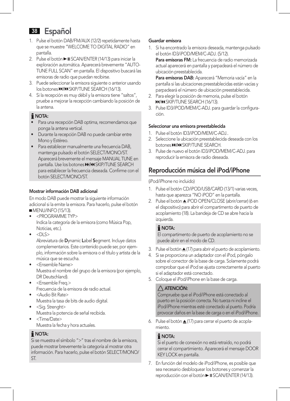 Español, Reproducción música del ipod/iphone | AEG MC 4456 iP User Manual | Page 38 / 62