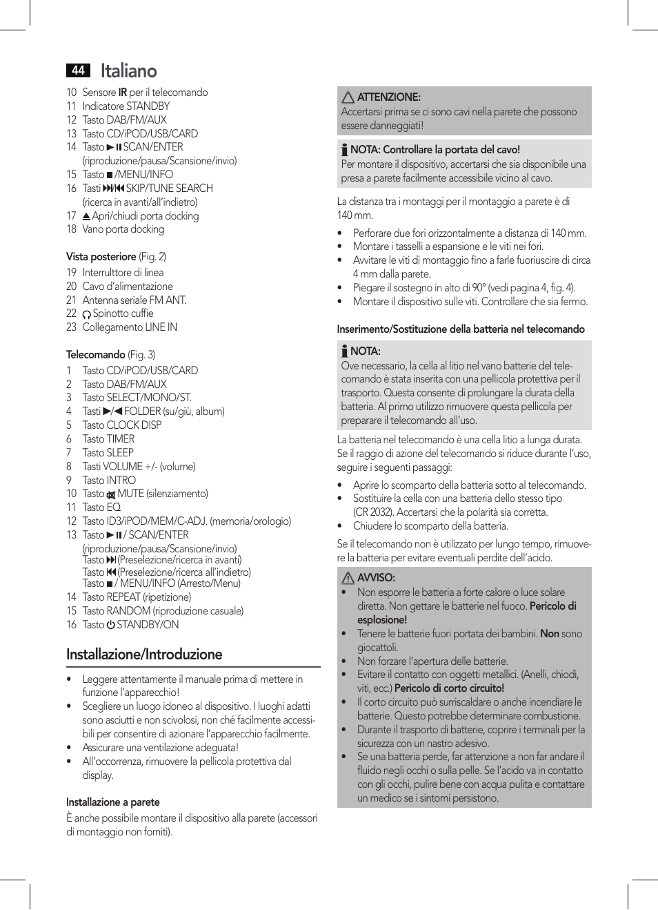 Italiano, Installazione/introduzione | AEG MC 4456 iP User Manual | Page 44 / 62