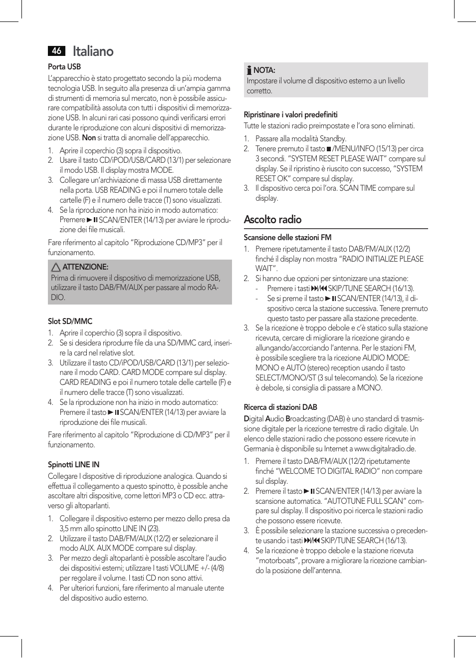 Italiano, Ascolto radio | AEG MC 4456 iP User Manual | Page 46 / 62