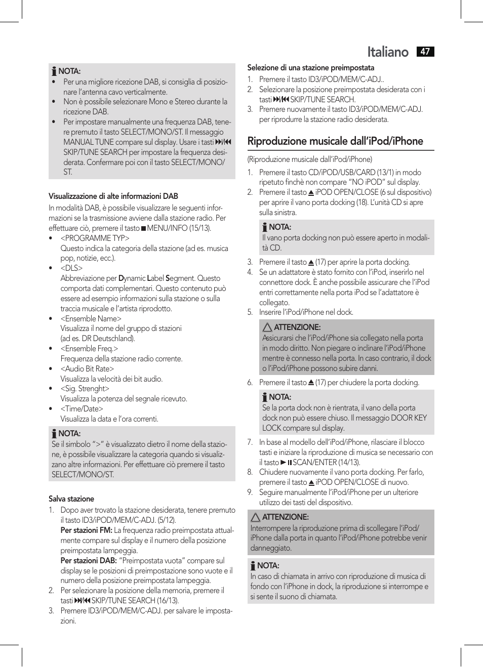 Italiano, Riproduzione musicale dall’ipod/iphone | AEG MC 4456 iP User Manual | Page 47 / 62