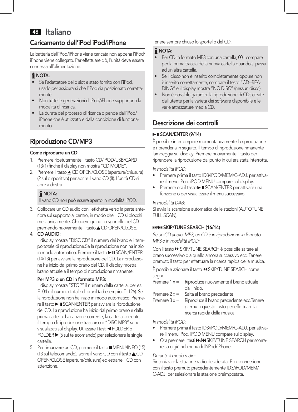 Italiano, Caricamento dell’ipod ipod/iphone, Riproduzione cd/mp3 | Descrizione dei controlli | AEG MC 4456 iP User Manual | Page 48 / 62