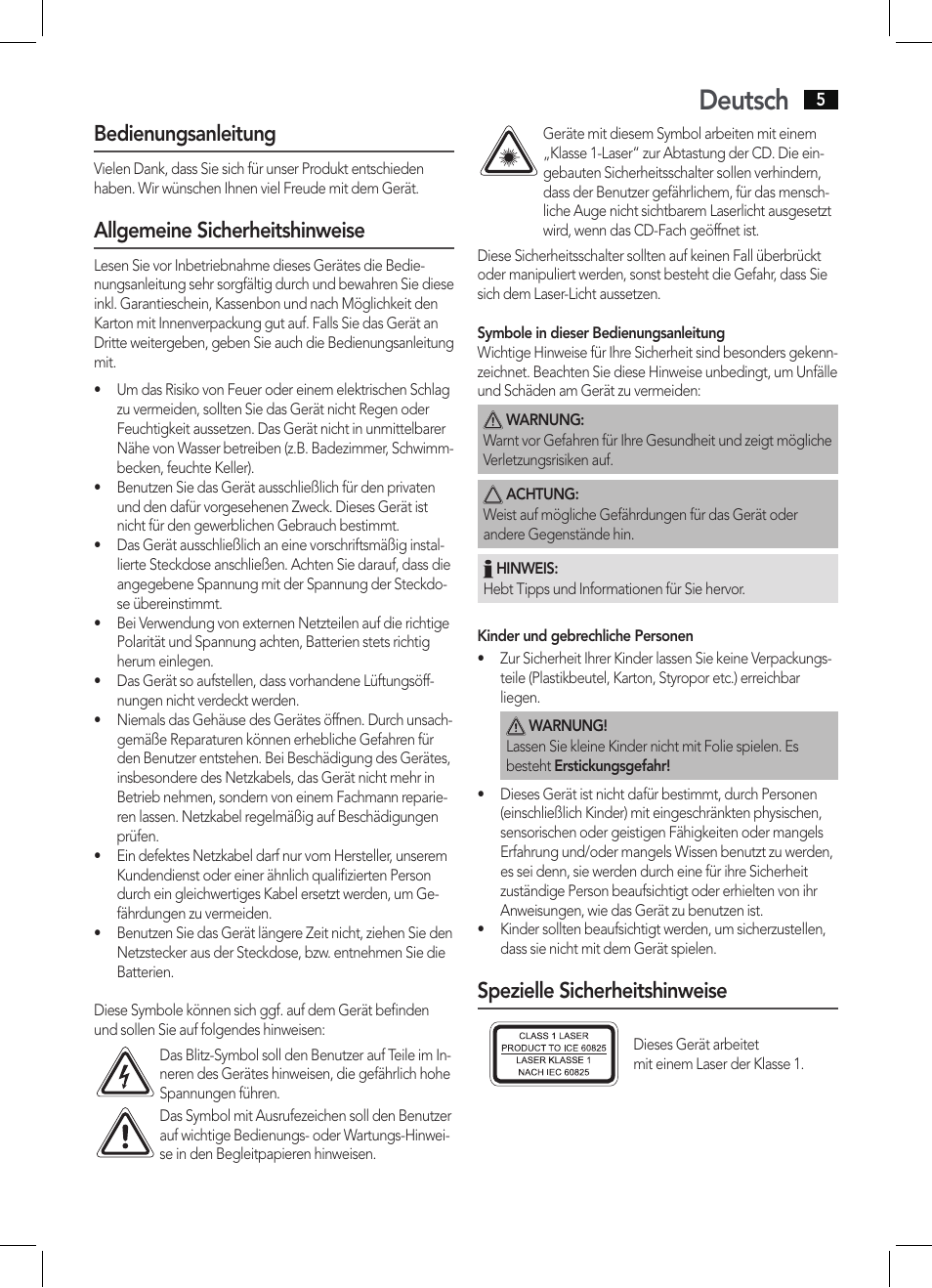 Deutsch, Bedienungsanleitung, Allgemeine sicherheitshinweise | Spezielle sicherheitshinweise | AEG MC 4456 iP User Manual | Page 5 / 62