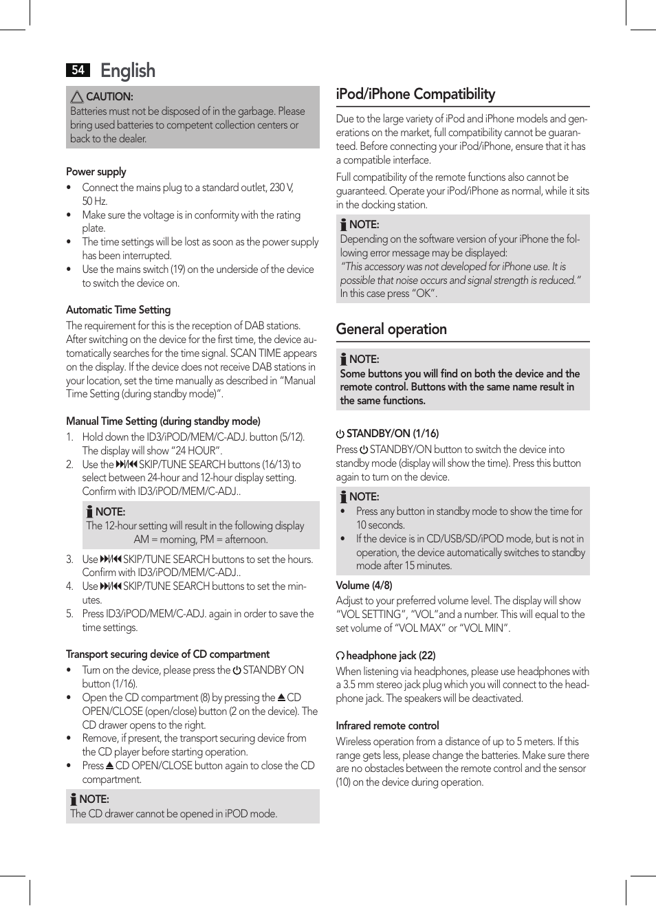 English, Ipod/iphone compatibility, General operation | AEG MC 4456 iP User Manual | Page 54 / 62