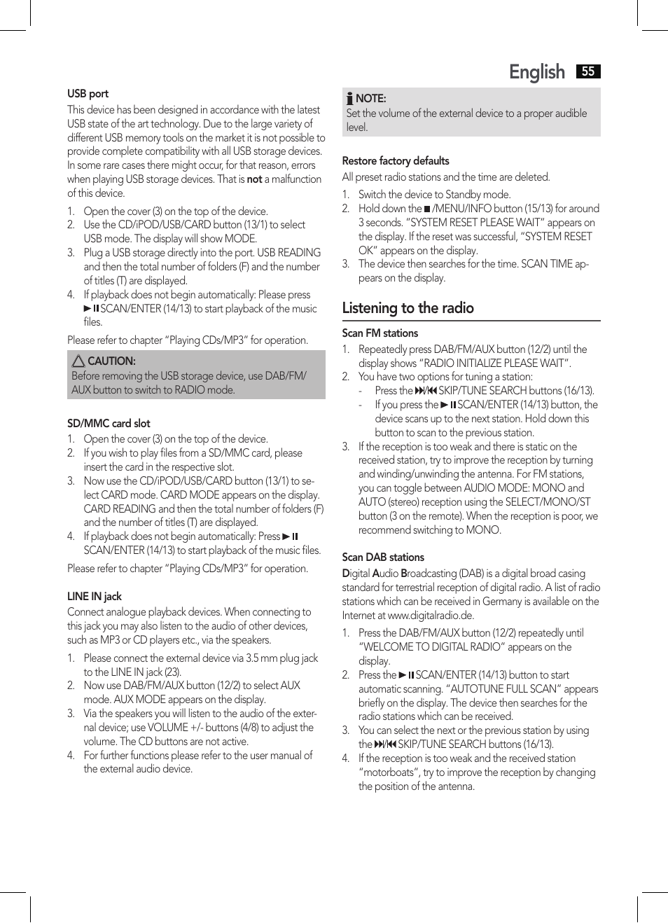 English, Listening to the radio | AEG MC 4456 iP User Manual | Page 55 / 62