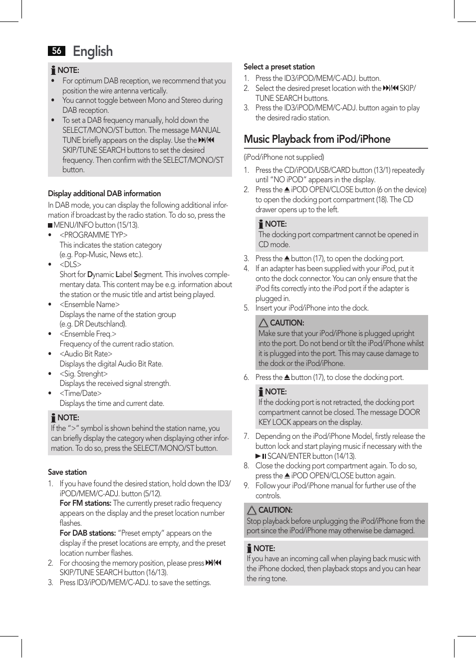 English, Music playback from ipod/iphone | AEG MC 4456 iP User Manual | Page 56 / 62