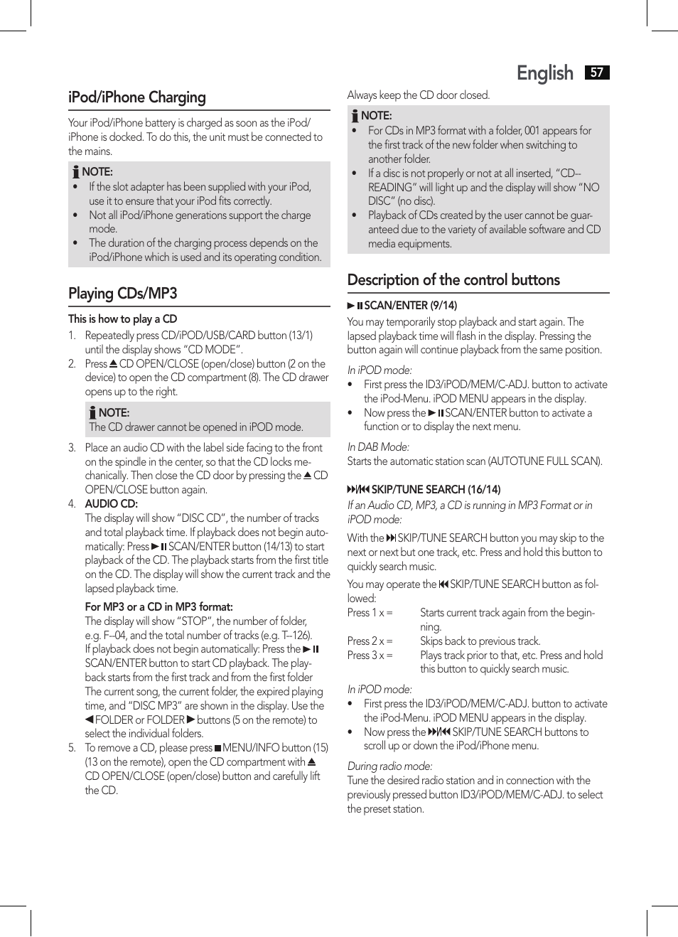 English, Ipod/iphone charging, Playing cds/mp3 | Description of the control buttons | AEG MC 4456 iP User Manual | Page 57 / 62