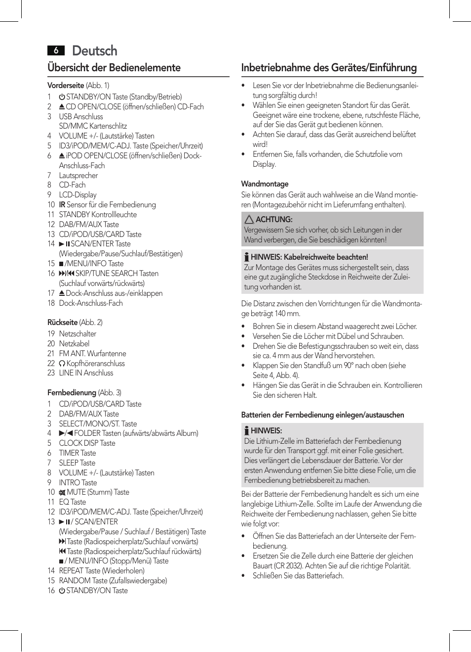 Deutsch, Übersicht der bedienelemente, Inbetriebnahme des gerätes/einführung | AEG MC 4456 iP User Manual | Page 6 / 62