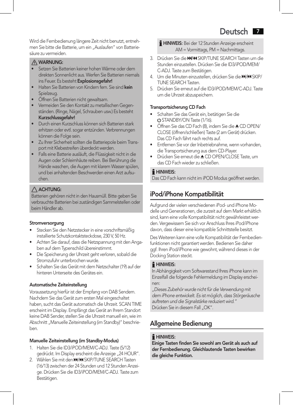 Deutsch, Ipod/iphone kompatibilität, Allgemeine bedienung | AEG MC 4456 iP User Manual | Page 7 / 62