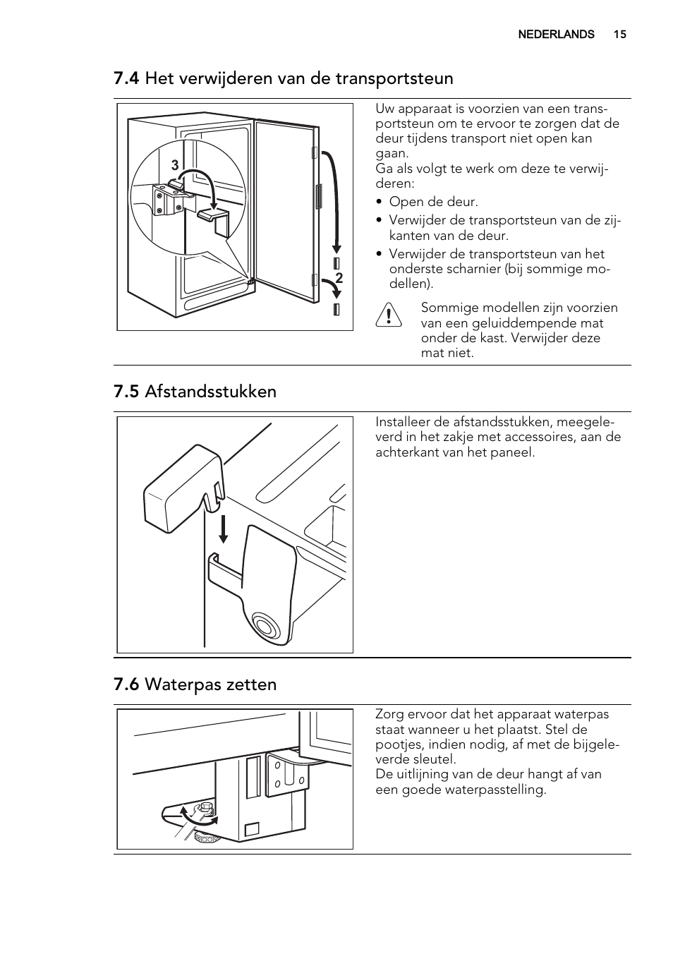 4 het verwijderen van de transportsteun, 5 afstandsstukken, 6 waterpas zetten | AEG A92700GNW0 User Manual | Page 15 / 76