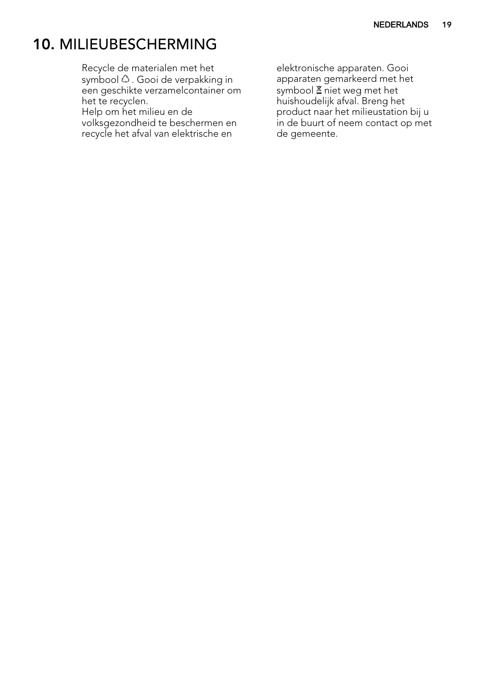 Milieubescherming | AEG A92700GNW0 User Manual | Page 19 / 76