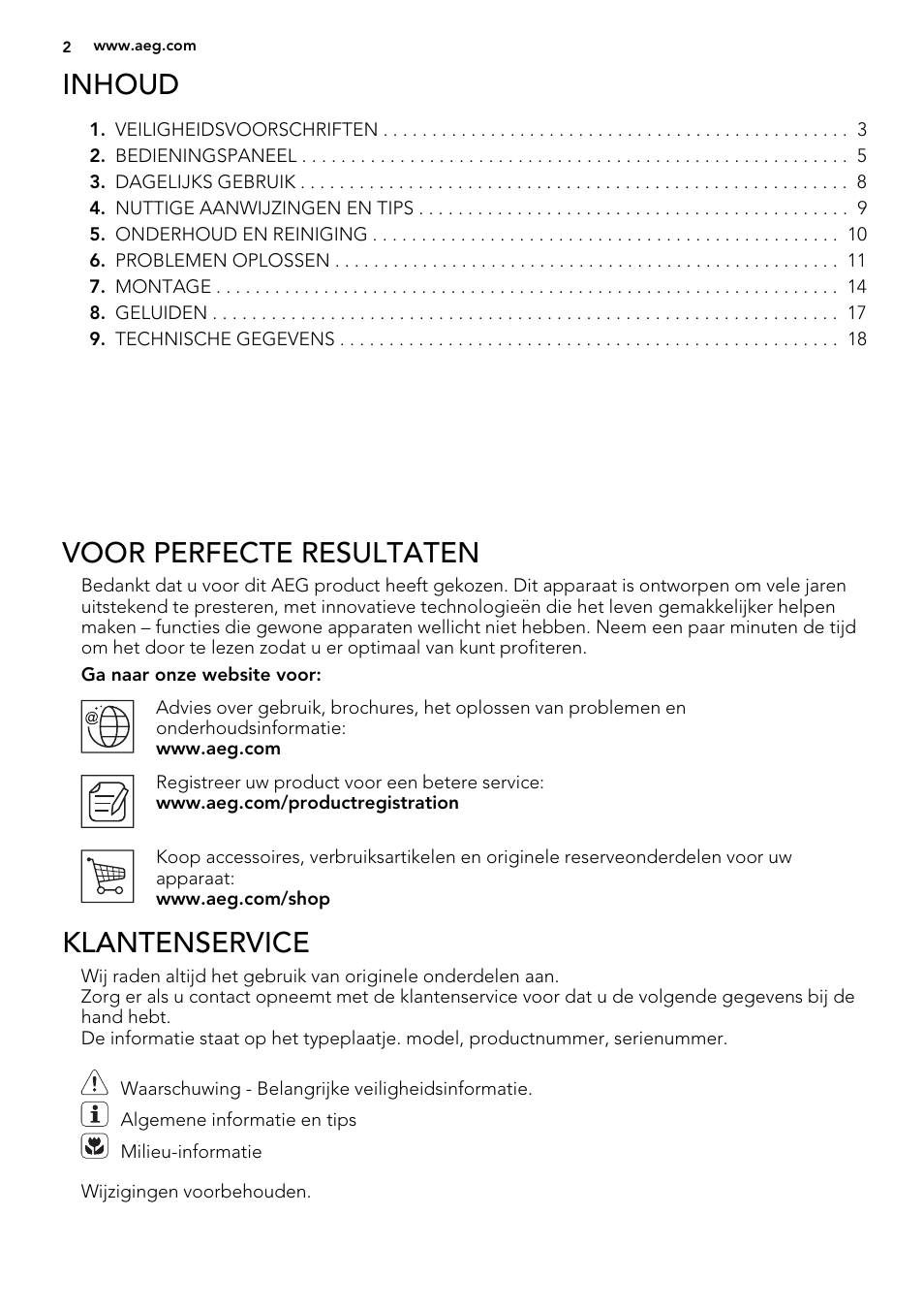 Inhoud, Voor perfecte resultaten, Klantenservice | AEG A92700GNW0 User Manual | Page 2 / 76