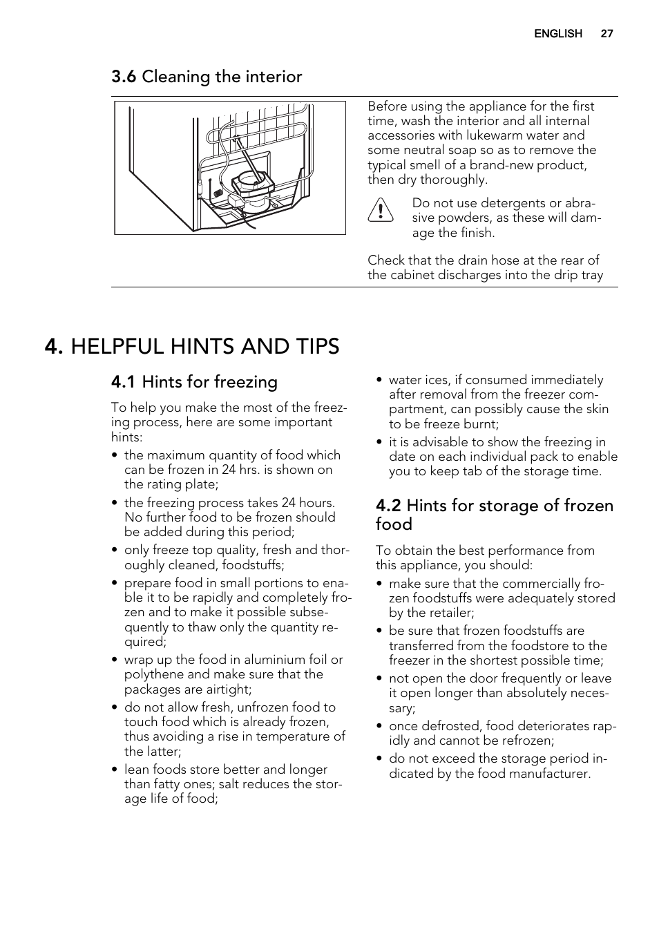 Helpful hints and tips, 6 cleaning the interior, 1 hints for freezing | 2 hints for storage of frozen food | AEG A92700GNW0 User Manual | Page 27 / 76