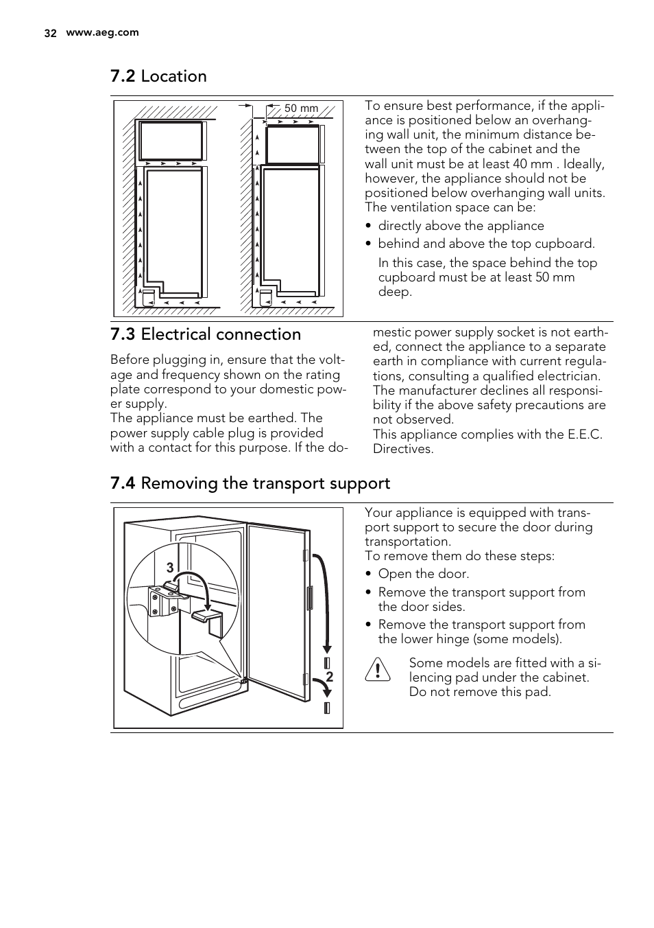 2 location, 3 electrical connection, 4 removing the transport support | AEG A92700GNW0 User Manual | Page 32 / 76