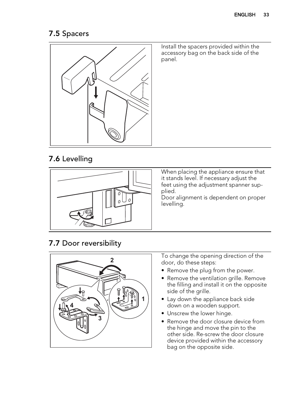 5 spacers, 6 levelling, 7 door reversibility | AEG A92700GNW0 User Manual | Page 33 / 76