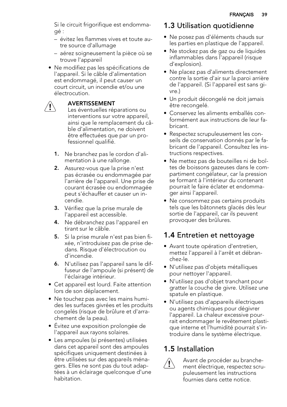 3 utilisation quotidienne, 4 entretien et nettoyage, 5 installation | AEG A92700GNW0 User Manual | Page 39 / 76