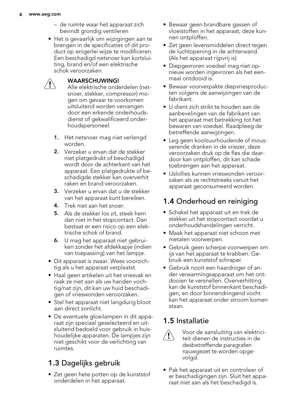 3 dagelijks gebruik, 4 onderhoud en reiniging, 5 installatie | AEG A92700GNW0 User Manual | Page 4 / 76