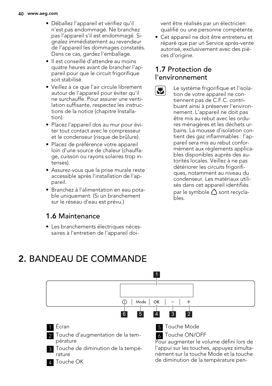 Bandeau de commande, 6 maintenance, 7 protection de l'environnement | AEG A92700GNW0 User Manual | Page 40 / 76