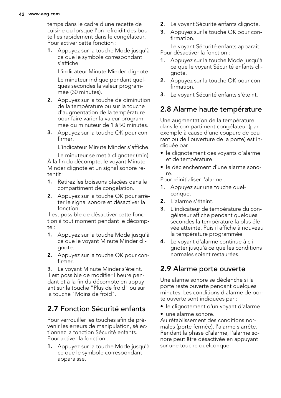 7 fonction sécurité enfants, 8 alarme haute température, 9 alarme porte ouverte | AEG A92700GNW0 User Manual | Page 42 / 76