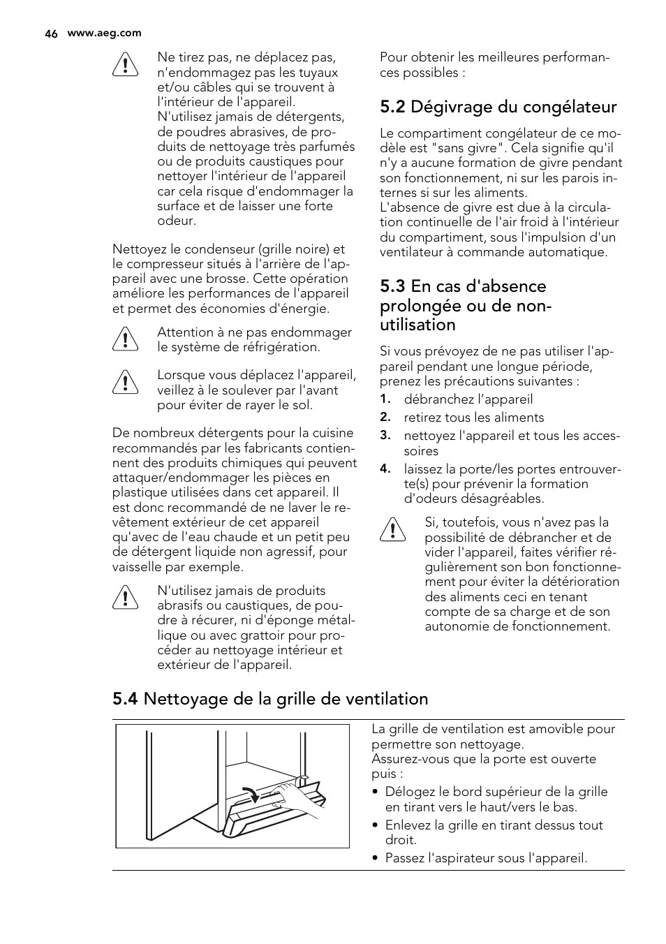 2 dégivrage du congélateur, 4 nettoyage de la grille de ventilation | AEG A92700GNW0 User Manual | Page 46 / 76