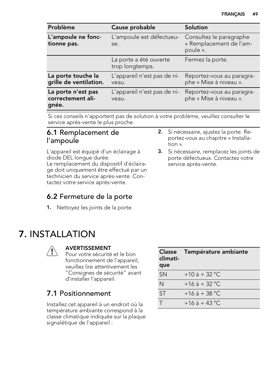 Installation, 1 remplacement de l'ampoule, 2 fermeture de la porte | 1 positionnement | AEG A92700GNW0 User Manual | Page 49 / 76