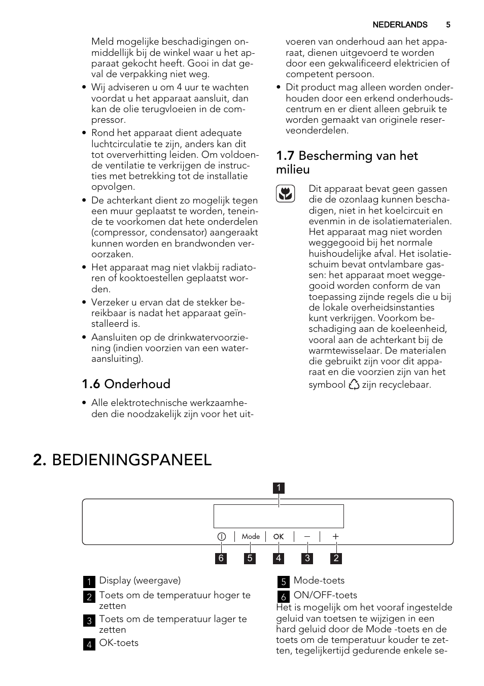 Bedieningspaneel, 6 onderhoud, 7 bescherming van het milieu | AEG A92700GNW0 User Manual | Page 5 / 76