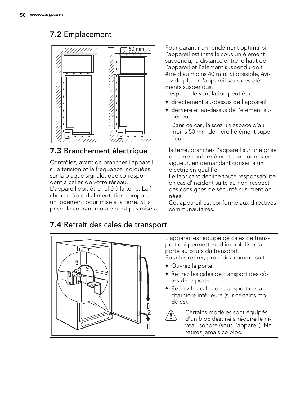 2 emplacement, 3 branchement électrique, 4 retrait des cales de transport | AEG A92700GNW0 User Manual | Page 50 / 76